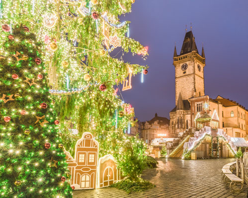 Best Christmas Markets in Europe - Christmas tree in magical city of Prague at night, Czech Republic - By Balate Dorin