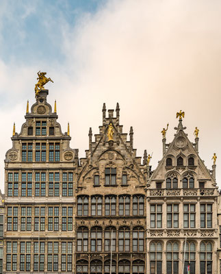 Antwerp, Facades of Guild buildings in the Grote Markt square in old town Cityscape under Golden Sky Sunset in Summer, Antwerpen, Belgium Copyright gnoparus