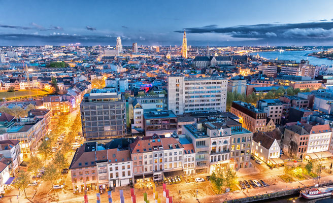 Antwerp, Belgium. Aerial city view at night. Copyright pisaphotography