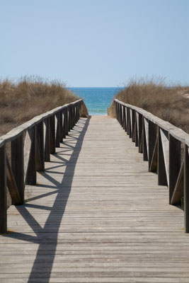 wooden walkway with hand rail with green blue turquoise water ocean or sea over nature in Vejer Palmar Beach seaside in Cadiz AndalusiaSpain copyright Quintanilla