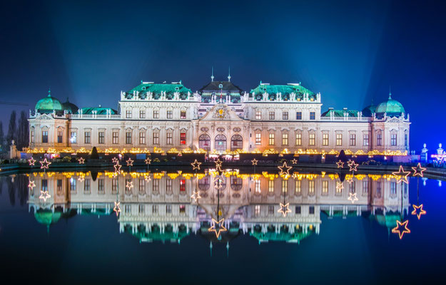 Best Christmas Markets in Europe - Night view of the Belvedere Palace Museum in Vienna during Christmas time - By trabantos